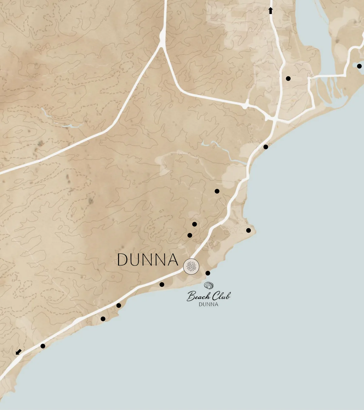 Map of the Los Cabos Tourist Corridor: DUNNA sits between El Dorado and One & Only Palmilla, near San Jos&eacute; del Cabo and the airport